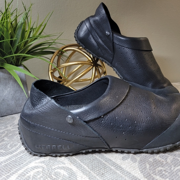 Merrell | 9.5 Improve Slides Black Leather Clog Mules Slip on collapsible heels - Picture 10 of 16